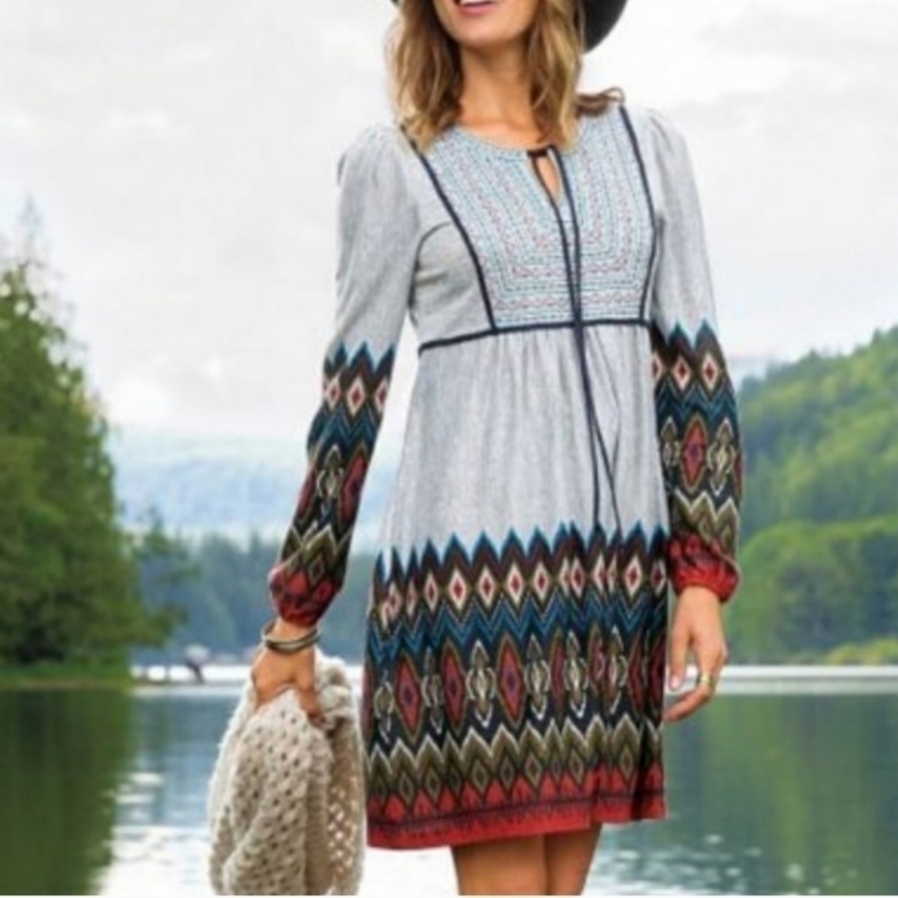 Sahalie Boho Southwestern Embroidered Pullover Dress Size Large
